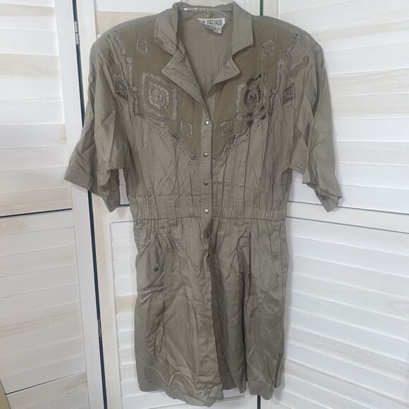 Vintage 80s Together Khaki Playsuit Shorts Romper 1 Piece Missy Sz 6 - Picture 1 of 9